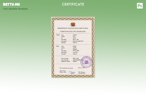 модерен стил Шаблон за PSD сертификат за брак од Папуа Нова Гвинеја